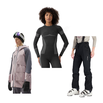 Damska kurtka snowboardowa 4F Beige + spodnie Northfinder + podkoszulek 4F